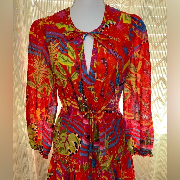 Farm Rio Printed Dress Red Size Small Short Beaded Cotton - Picture 5 of 10